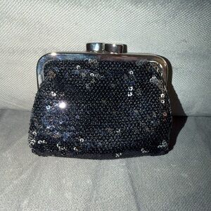 Victoria’s Secret Small Black Sequin Clasp Clutch Coin Purse/Bag w box NIB